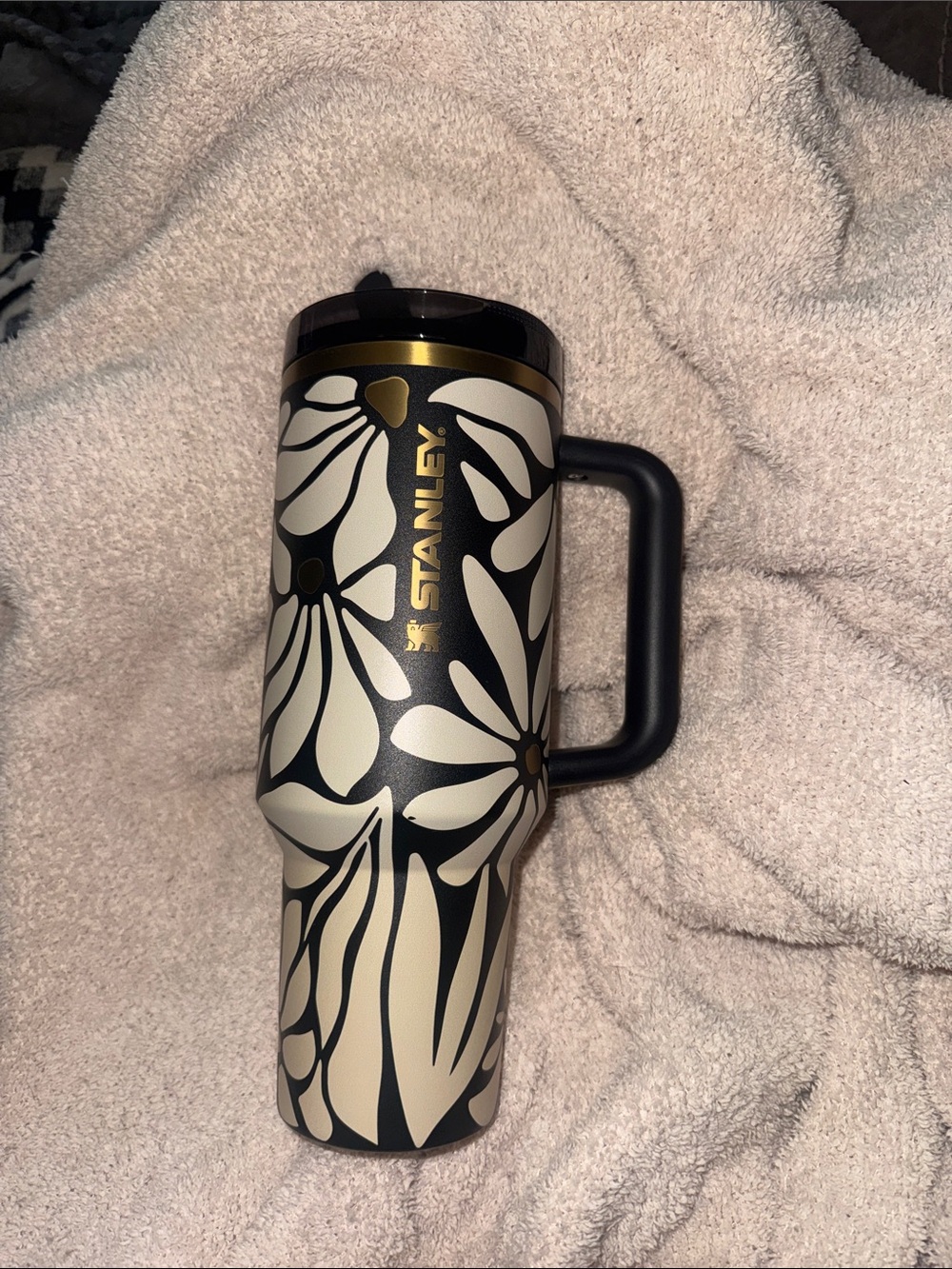 Stanley Black & Cream Floral Travel Mug with Gold Accent